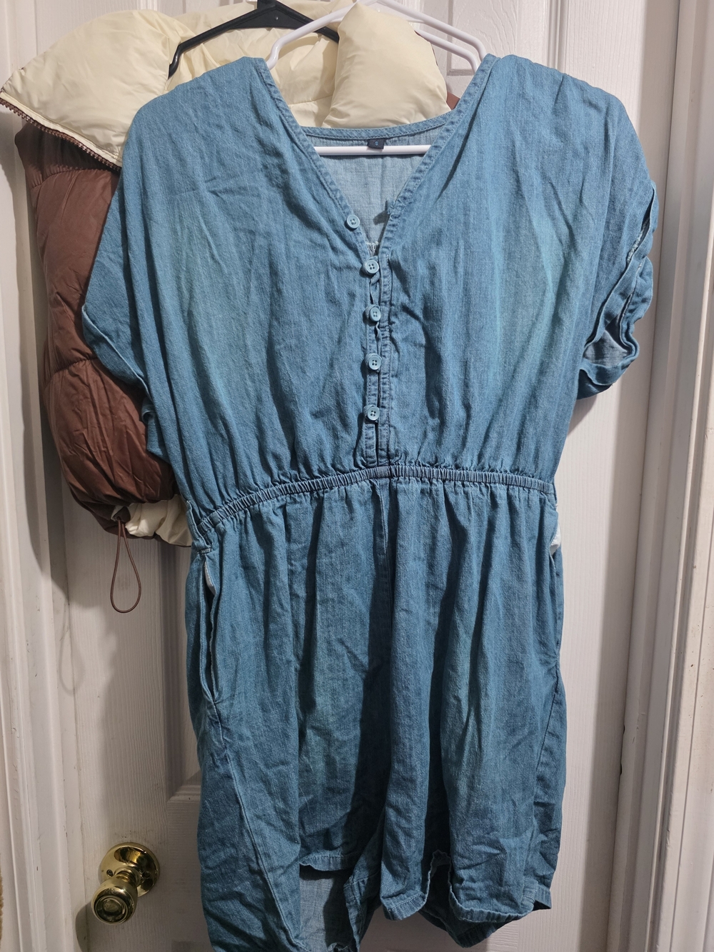 Casual Light Blue Denim Romper with Button Front